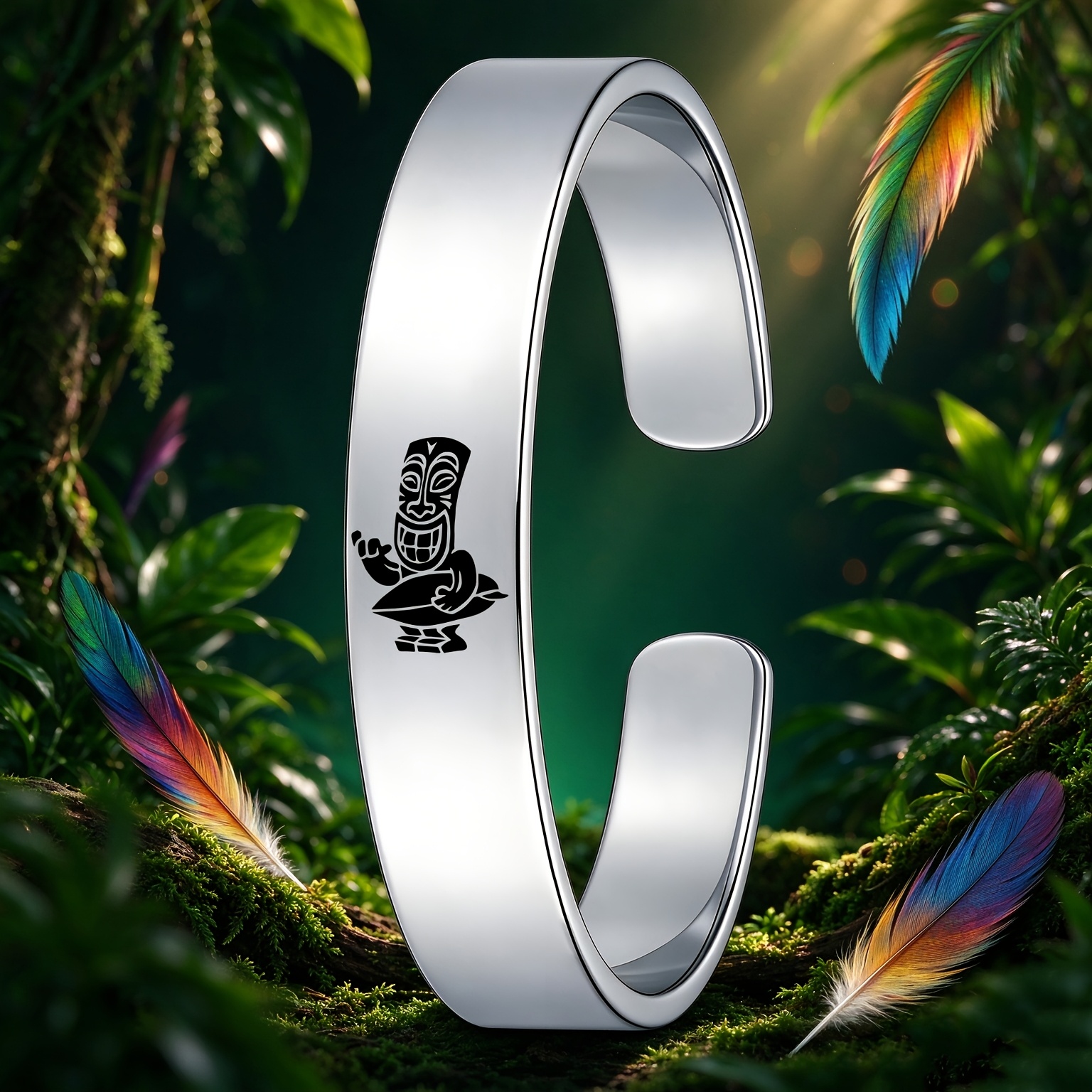 Polynesian Tiki Tribal Stainless Steel Open Bangle Bracelet, Island Vacation